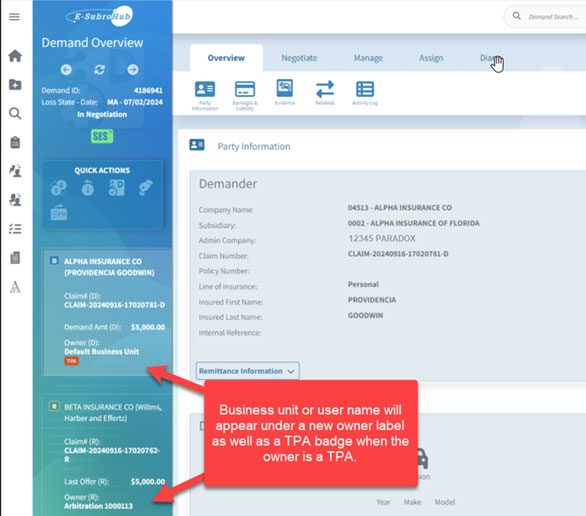 Screenshot of Demand Overview showing owner area